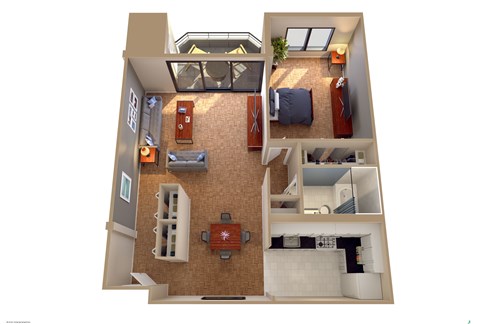 A 3D rendered image of a house layout.